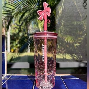 Starbucks Blush Pink Snow Ribbed Glass Bow Topper Tumbler